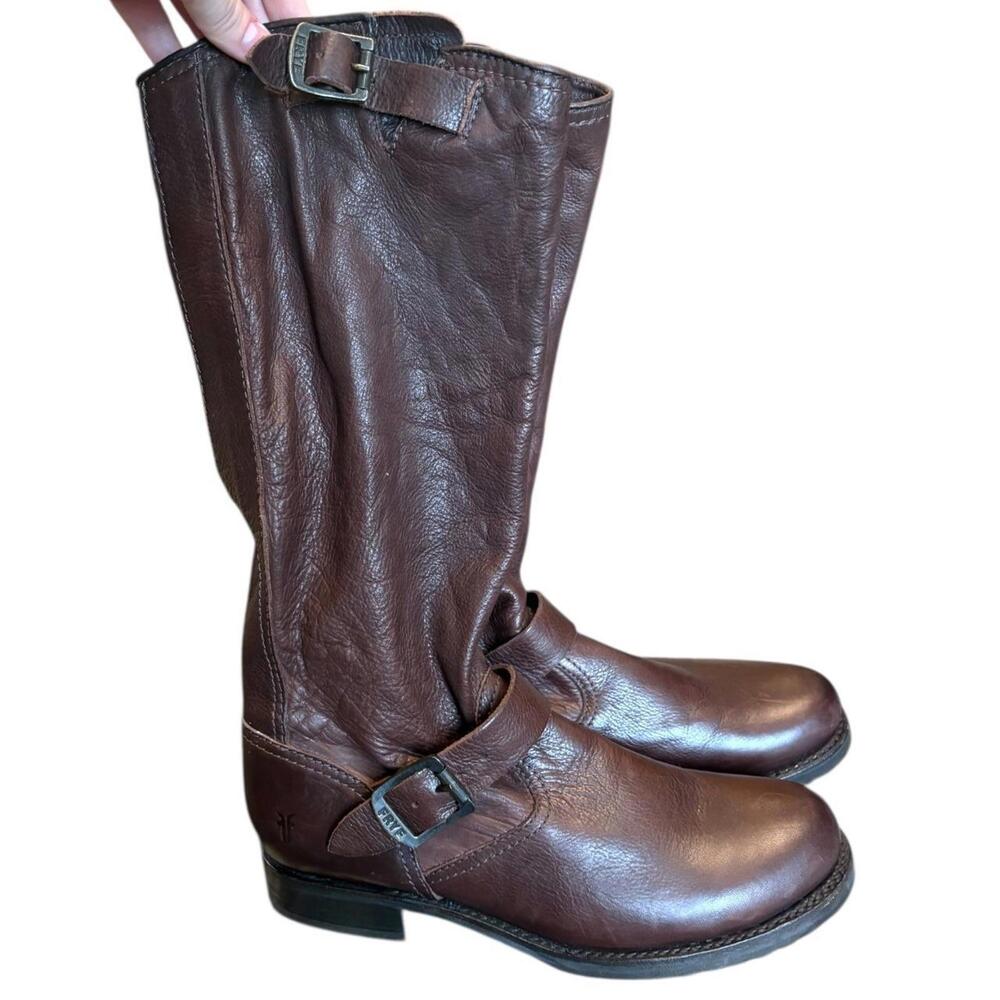 Frye brown leather riding boots with buckle detail